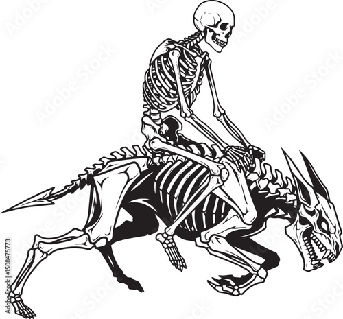 An intriguing and striking vector illustration featuring a human skeleton figure mounted upon a skeletal, four-legged mythical creature with a fierce, horned skull.