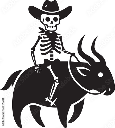A bold and minimalist vector silhouette illustration of a skeleton cowboy, complete with hat, riding a bull.