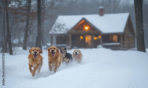 Dogs bounding through snowdrifts near a rustic cabin glowing with light, Generative AI