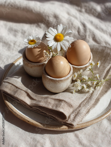 Three eggs are sitting on a white plate with a white napkin underneath