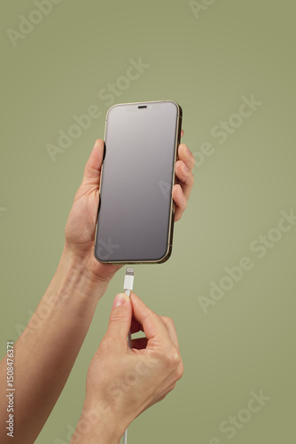 Slika na platnu female hand plugging charger cord into smartphone to charge battery on green bac