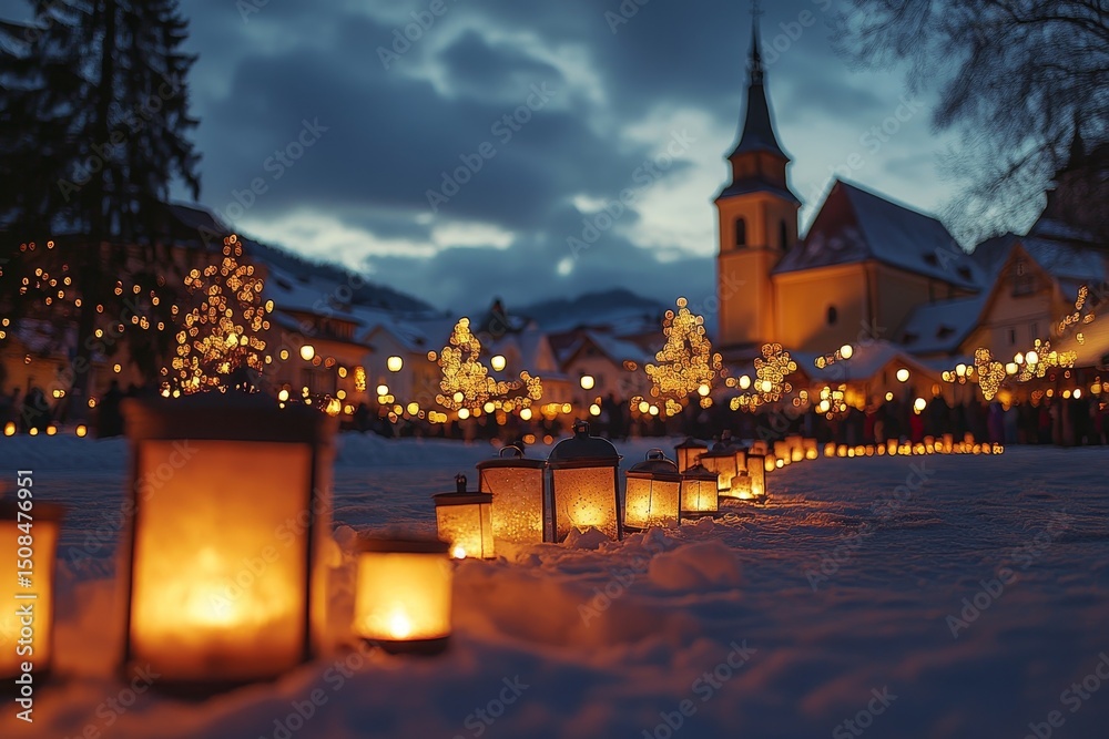 Naklejka premium Lantern-lit gathering at a snowy village square with holiday decorations all around, Generative AI