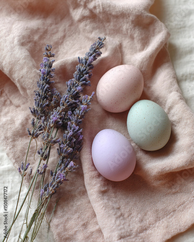 Three eggs with purple flowers in between