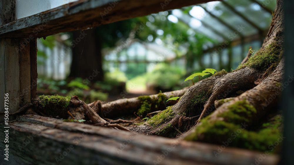 Fototapeta premium Through broken window frame view into greenhouse overtaken by roots and moss, layered composition