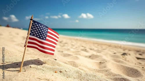 A patriotic US flag waves proudly on a sunny beach celebrating freedom and summer vibes in soft