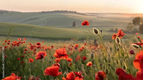 Crimson poppies dance in the gentle morning breeze across misty Tuscan hills at sunrise with soft