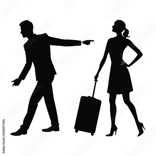 Silhouette couple airport departure travel suitcase.