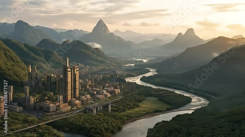 Serene city nestled in misty mountains nature meets future in a tranquil river valley soft golden