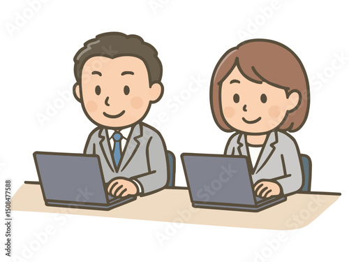 ノートパソコンで仕事をするスーツ姿の男女ビジネスマンのイラスト