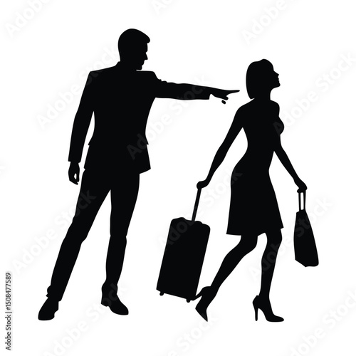 Silhouette couple airport departure travel suitcase.