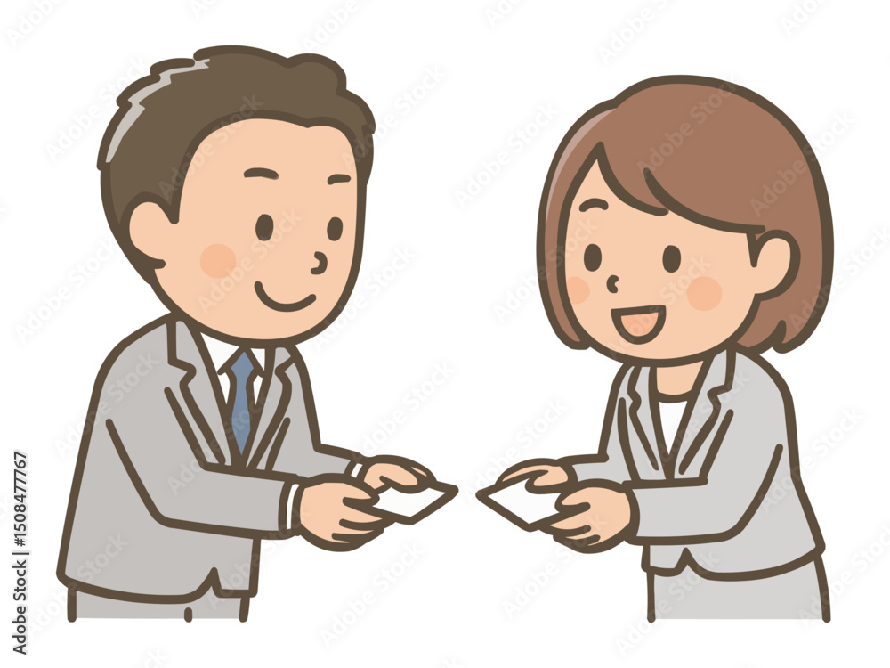 笑顔で名刺交換をするスーツ姿の男女ビジネスマンイラスト 笑顔で名刺交換をするスーツ姿の男女ビジネスマンイラスト