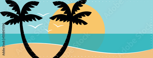 Colorful summer vacation banner with palm trees on the beach. Hand drawn vector illustration. 