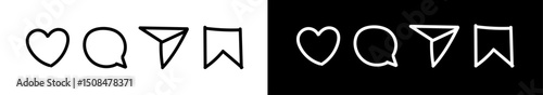Doodle social media  reaction icons set. Line hand drawn social media icon. Comment, share, save and like icons.