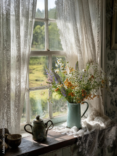 A vase of flowers sits on a windowsill next to a teapot