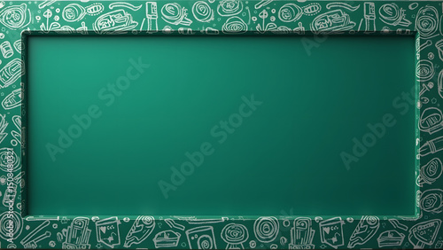 Green Chalkboard with White Frame and School Supplies Doodle Pattern