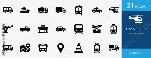 Transport solid icon set featuring bus, car, truck, plane, boat, taxi, subway, and GPS symbols. Perfect for travel, transit, logistic, and public transport themes
