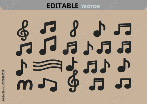 Collection of Black Musical Notes on Tan Background in Vector Format for Creative Projects and Musical Designs and Artistic Compositions and Graphic Elements