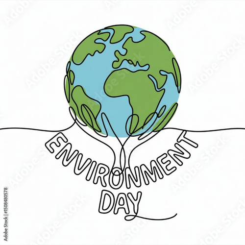 World environment day simple  web banner, poster with earth and trees. One continuous line drawing. Minimalist banner, illustration with lettering environment day. vector isolated on white background
