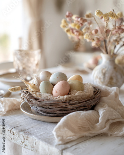 A basket of eggs sits on a table next to a vase of flowers