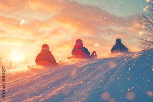 Children sledding down a hill with trails of snow flying behind them under a pastel sky, Generative AI