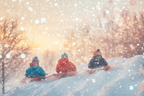 Children sledding down a hill with trails of snow flying behind them under a pastel sky, Generative AI