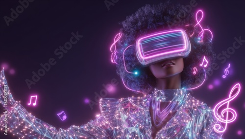 Clad in casual clothing, an energetic Caucasian man uses virtual reality glasses to enter a metaverse where he dances to music surrounded by notes, a deviation from what is typical