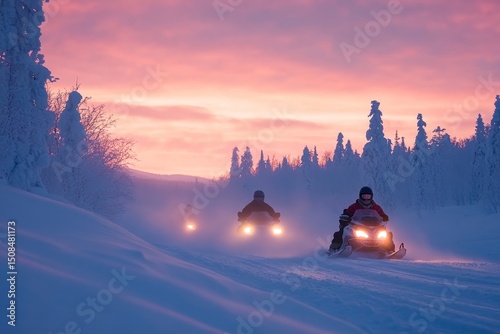 Children sledding down a hill with trails of snow flying behind them under a pastel sky, Generative AI
