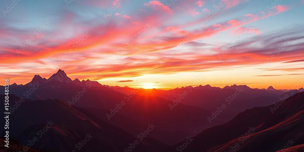 Vector landscape of majestic mountains at sunset, ideal for wall art, fabric prints, and backgrounds,  purple,  art