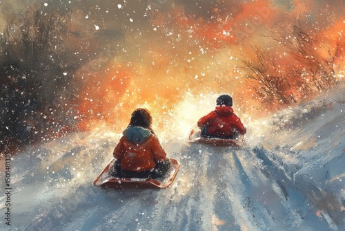 Children sledding down a hill with trails of snow flying behind them under a pastel sky, Generative AI