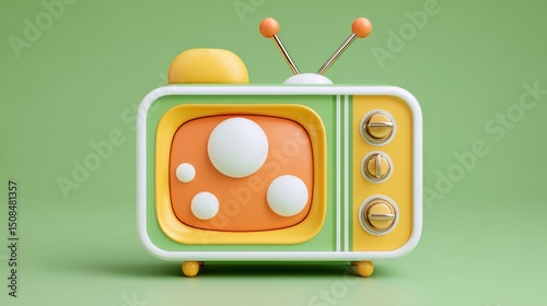 A 3D rendered composition featuring a cute, old classical television with a minimal TV monitor graphic element design set against a solid blue-green background with empty space, presented as a