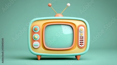 A retro vintage square model illustration is presented as a 3D rendered composition of a cute classical television with a minimal TV monitor graphic element design, set against a solid blue-green