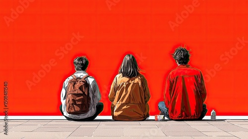 Three Figures Contemplating a Vibrant Red Wall