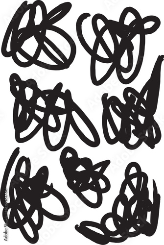 Vector set of grungy graphic elements. Street art texture hand drawn pencil underlines and strikethrough, scribble emphasis lines, crazy hatches, ovals and crosses. Each element is united and isolated