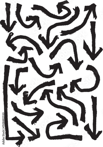 Crayon arrow sketches collection - hand drawn doodle style pointers, curved lines, round swirls. Chaotic scribbling, artistic design elements set. Black grunge brush strokes isolated on white