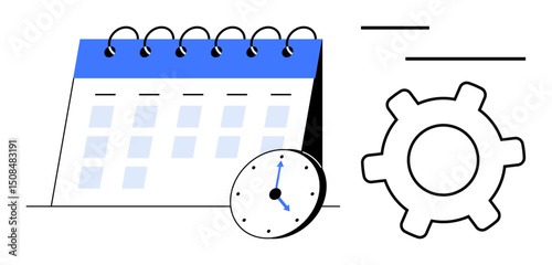 Spiral-bound calendar with visible dates, a clock showing precise time, and a gear. Ideal for planning, scheduling, productivity, time tracking, workflow optimization, organization collaboration