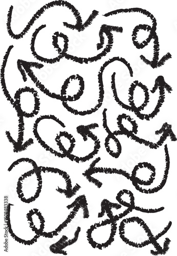 Crayon arrow sketches collection - hand drawn doodle style pointers, curved lines, round swirls. Chaotic scribbling, artistic design elements set. Black grunge brush strokes isolated on white