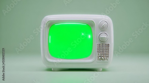 The image shows a close-up of a vintage TV screen in a minimalist style, with a flat design and a classic, antique look, rendered in a realistic manner on a white background