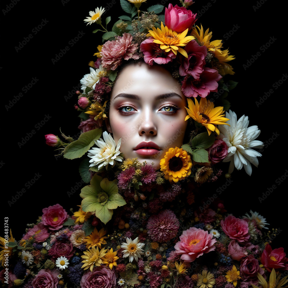 Naklejka premium Dark Fantasy Fashion Portrait with Floral Ensemble