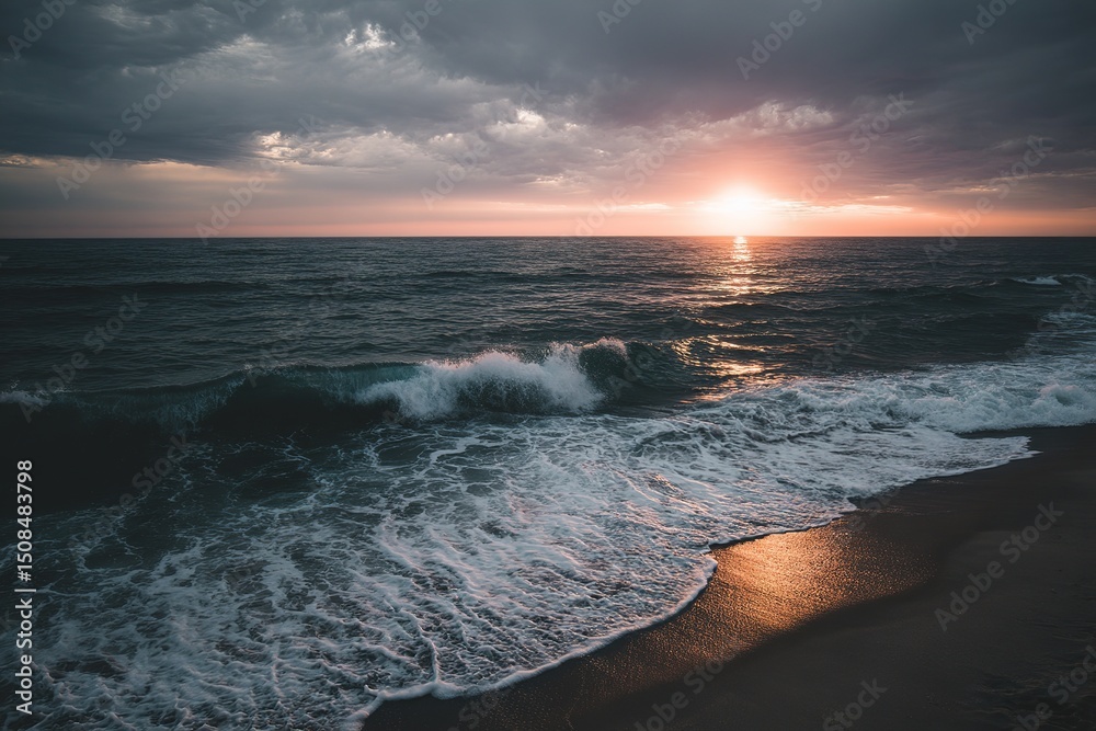 Obraz premium Dramatic Sunset Over Coastal Waves