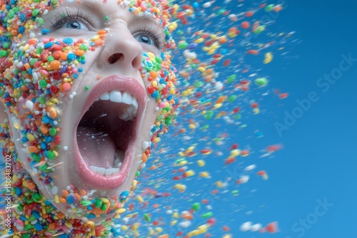 A surreal portrait showcases a mouth agape, unleashing a kaleidoscopic torrent of colorful candies and sweets, fostering a whimsical and playful ambiance