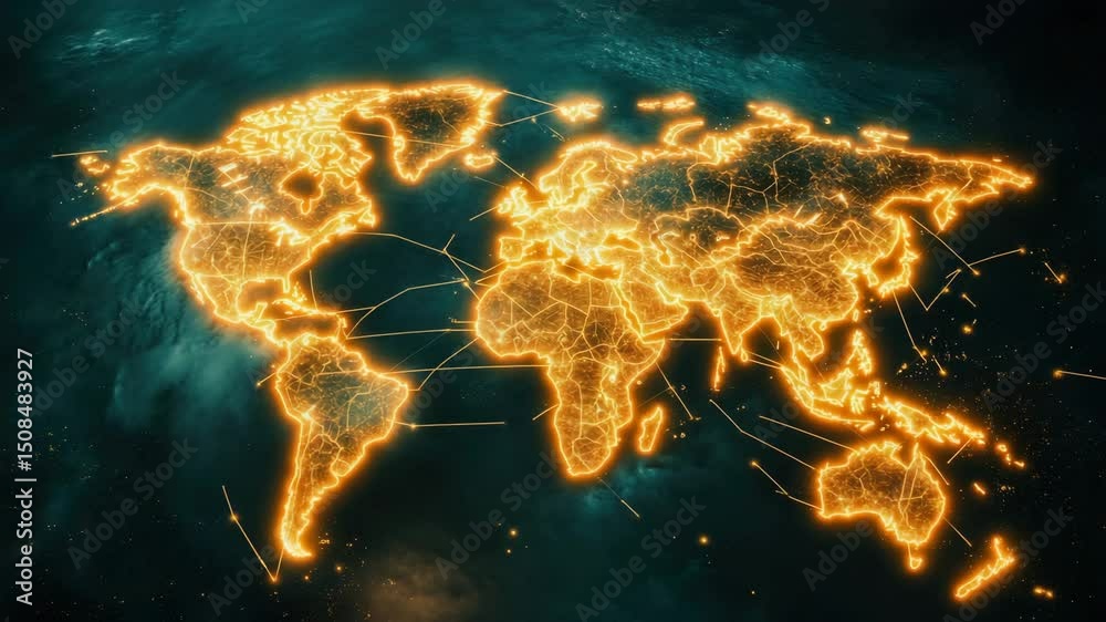 Glowing world map in digital space