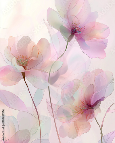 A painting of three pink flowers with a light blue background