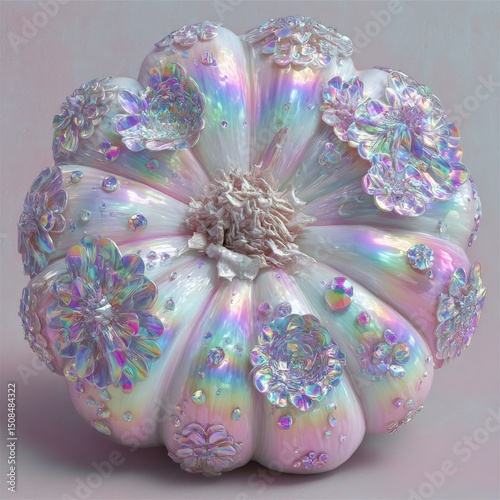A lone, rainbow-colored onion featuring a shedding skin forms a dreamlike and nonrepresentational arrangement photo
