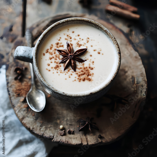 Traditional Indian Chai with Whole Spices – Cozy Drink Top View, Warming Spiced Milk Tea with Cinnamon and Anise – Rustic Aesthetic photo