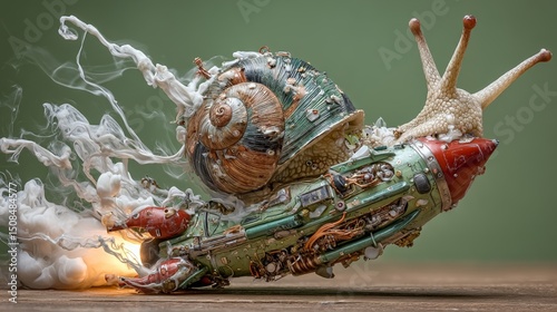A surreal and whimsical depiction of a snail on a rocket, blending speed and slowness to represent the dichotomy of patience and rapid acceleration