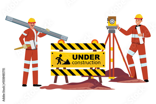 Roadwork scene with workers, yellow warning board, safety gear, modern construction site, isolated on white