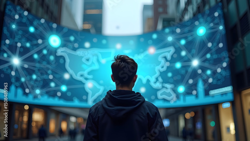 Person Viewing Curved Digital Screen Displaying Global Network