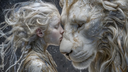 In this fantasy setting, a beautiful fairy coexists with a majestic white lion amidst a winter scene photo