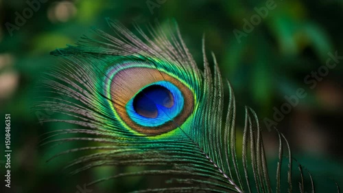 Mesmerizing closeup of vibrant peacock feather shimmering in natural light