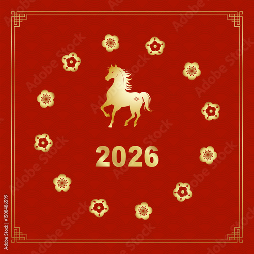 Happy Chinese New Year 2026 background. Year of the Horse design wallpaper. Modern luxury oriental illustration for cover, banner, website, envelope, social media post